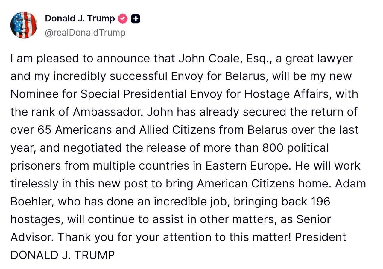 Обложка статьи Трамп предложил Коула на должность спецпосланника по делам заложников